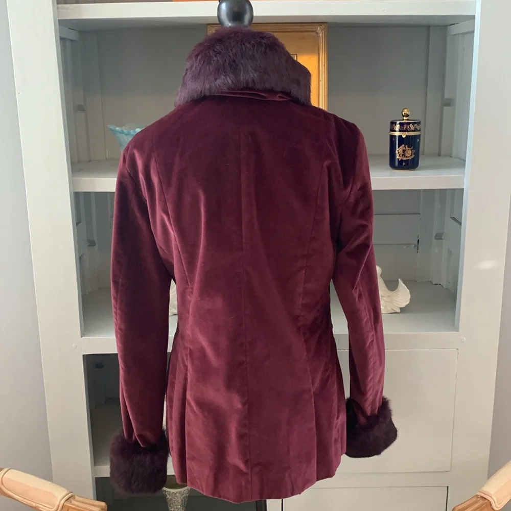 TAHARI Designer Velvet Genuine Fur coat jacket wine red purple M 8 $450 - Picture 6 of 12